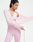 SUUKSESS Women Pilates Wrap Workout Cropped Top Ribbed Long Sleeve V Neck Tie Front Ballet Yoga Shrug Blouse-SUUKSESS-SUUKSESS