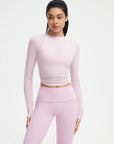 SUUKSESS Women Pilates Wrap Workout Cropped Top Ribbed Long Sleeve V Neck Tie Front Ballet Yoga Shrug Blouse-SUUKSESS-SUUKSESS