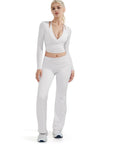 SUUKSESS Women Pilates Wrap Workout Cropped Top Ribbed Long Sleeve V Neck Tie Front Ballet Yoga Shrug Blouse-SUUKSESS-SUUKSESS