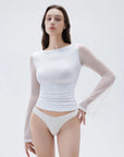 SUUKSESS Women Double Line Mesh Tops Boat Neck Long Sleeve Shirts-SUUKSESS-White-S-SUUKSESS