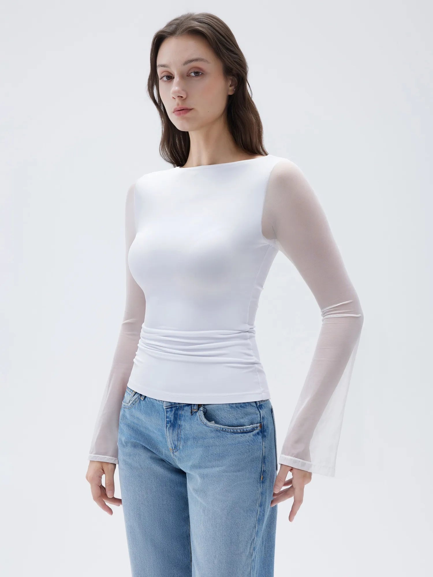 SUUKSESS Women Double Line Mesh Tops Boat Neck Long Sleeve Shirts-SUUKSESS-SUUKSESS