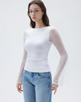 SUUKSESS Women Double Line Mesh Tops Boat Neck Long Sleeve Shirts-SUUKSESS-SUUKSESS