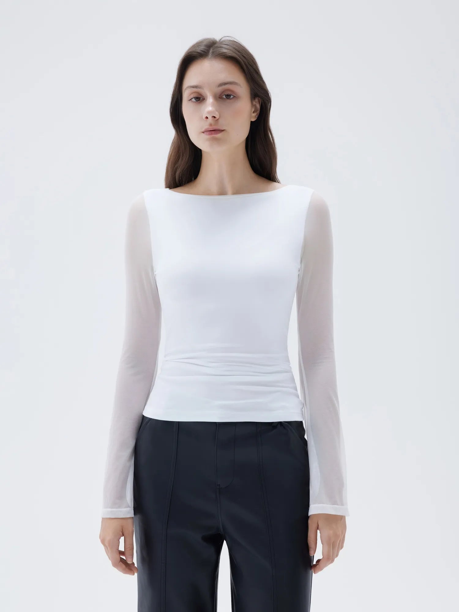 SUUKSESS Women Double Line Mesh Tops Boat Neck Long Sleeve Shirts-SUUKSESS-SUUKSESS