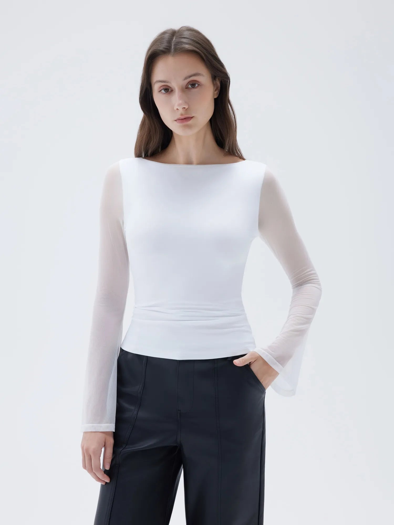 SUUKSESS Women Double Line Mesh Tops Boat Neck Long Sleeve Shirts-SUUKSESS-SUUKSESS