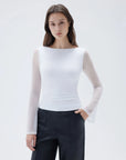 SUUKSESS Women Double Line Mesh Tops Boat Neck Long Sleeve Shirts-SUUKSESS-SUUKSESS