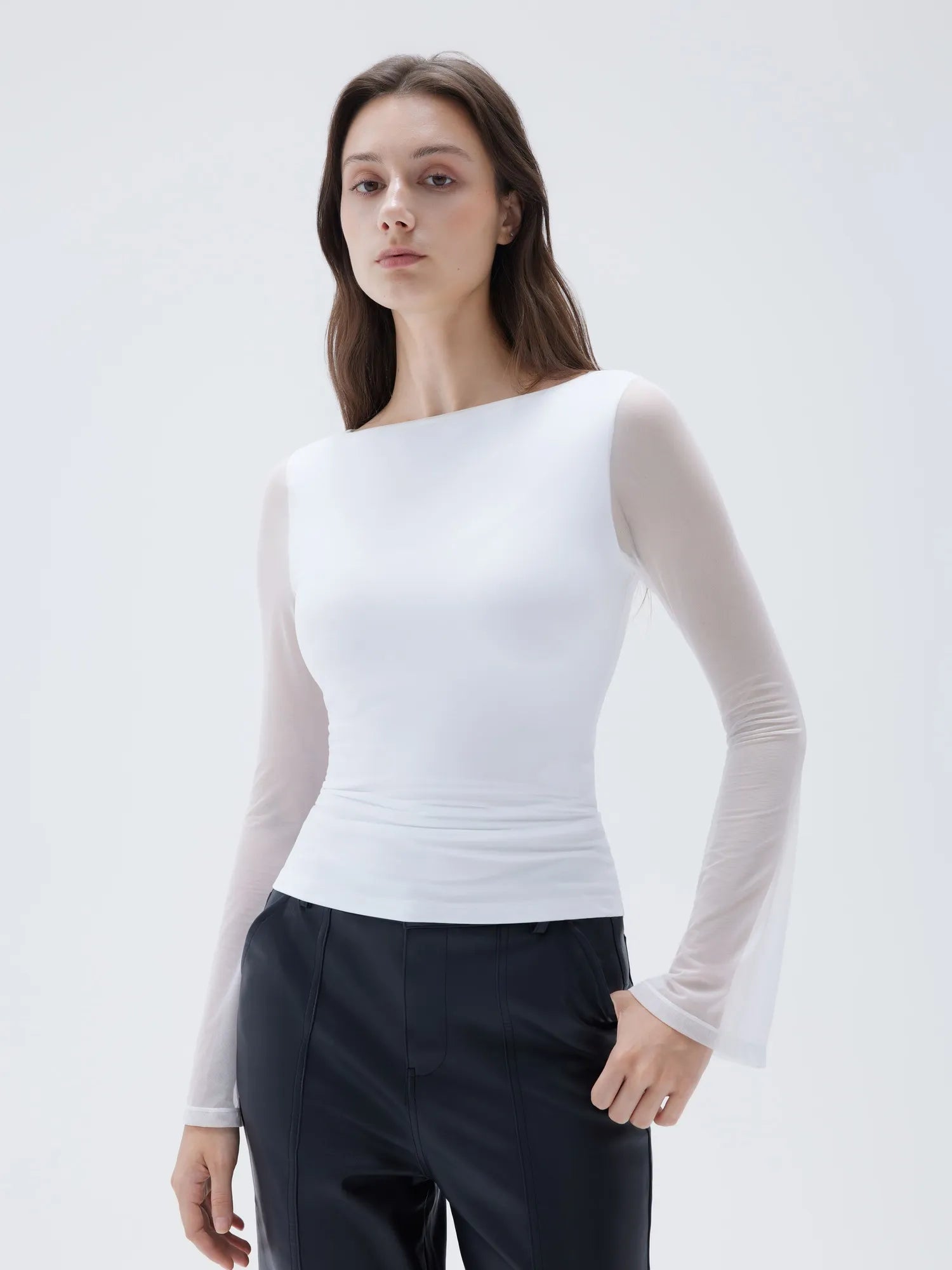 SUUKSESS Women Double Line Mesh Tops Boat Neck Long Sleeve Shirts-SUUKSESS-SUUKSESS