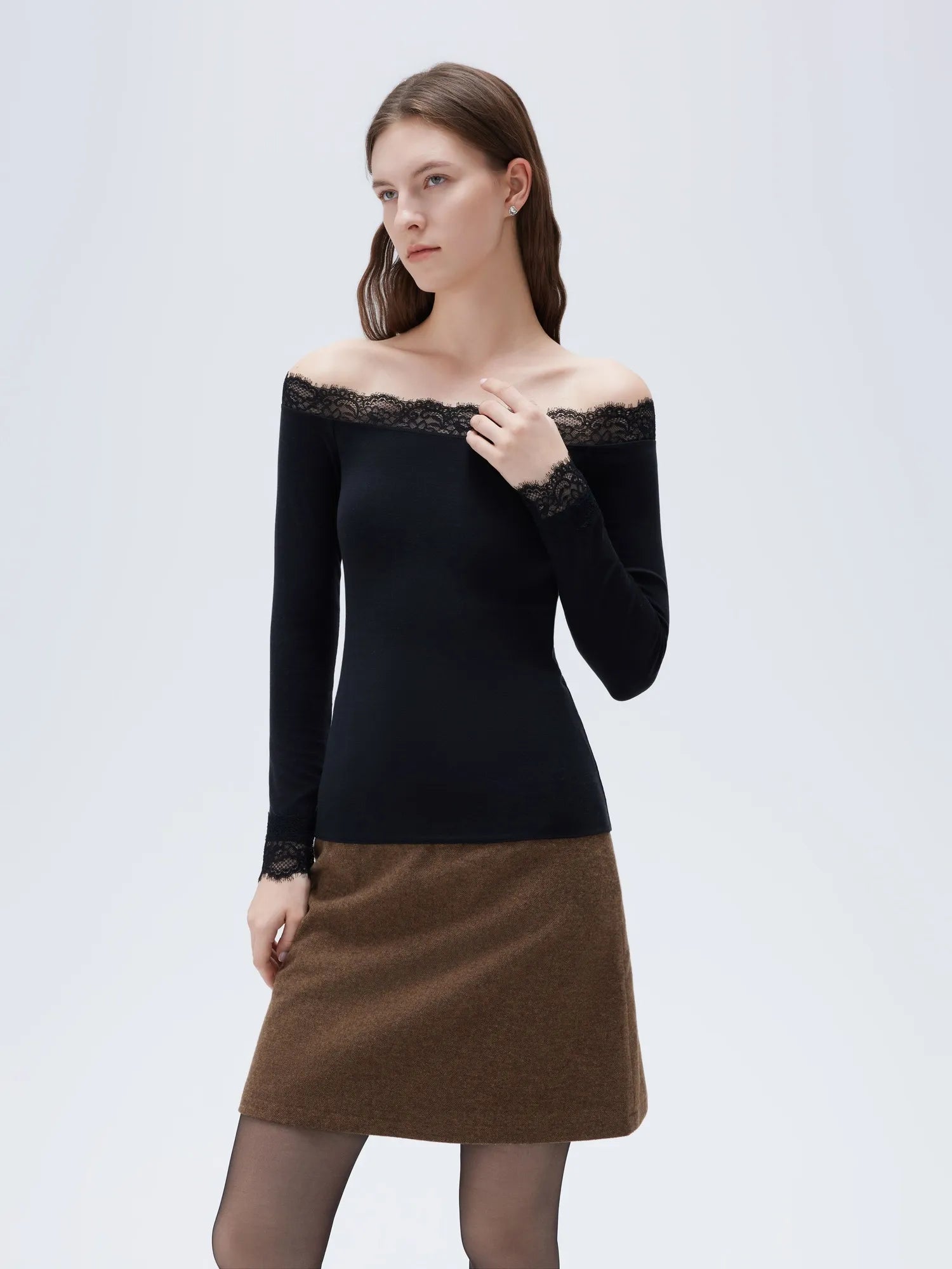 SUUKSESS Cloud Cashmere Lace Trim Off Shoulder Long Sleeve Top Fitted Basic Knit Shirt-SUUKSESS-Black-XS-SUUKSESS