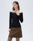 SUUKSESS Cloud Cashmere Lace Trim Off Shoulder Long Sleeve Top Fitted Basic Knit Shirt-SUUKSESS-Black-XS-SUUKSESS