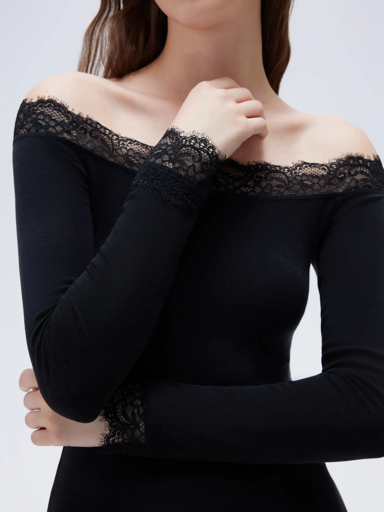 SUUKSESS Cloud Cashmere Lace Trim Off Shoulder Long Sleeve Top Fitted Basic Knit Shirt-SUUKSESS-SUUKSESS