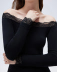 SUUKSESS Cloud Cashmere Lace Trim Off Shoulder Long Sleeve Top Fitted Basic Knit Shirt-SUUKSESS-SUUKSESS
