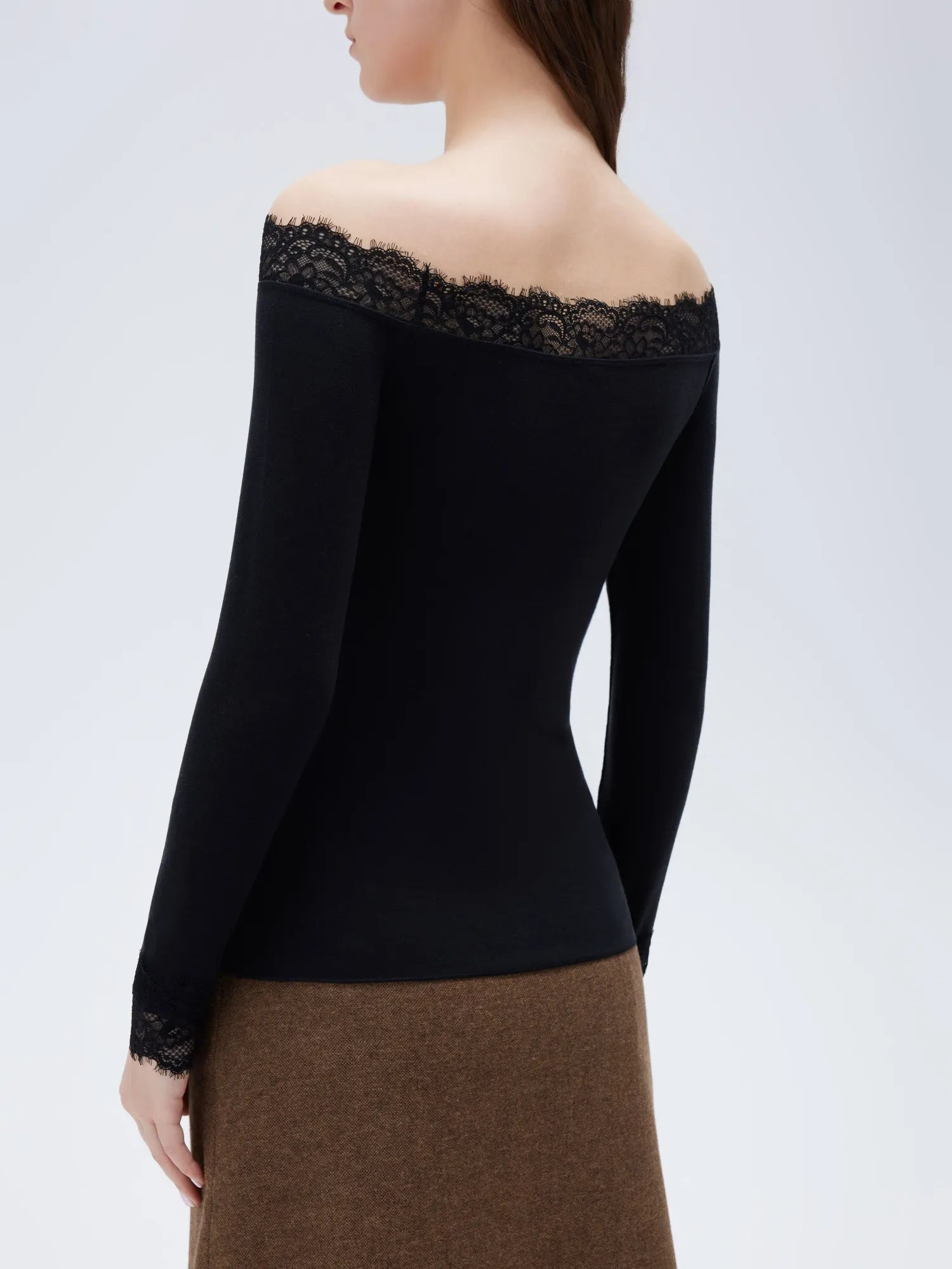 SUUKSESS Cloud Cashmere Lace Trim Off Shoulder Long Sleeve Top Fitted Basic Knit Shirt-SUUKSESS-SUUKSESS