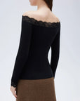 SUUKSESS Cloud Cashmere Lace Trim Off Shoulder Long Sleeve Top Fitted Basic Knit Shirt-SUUKSESS-SUUKSESS