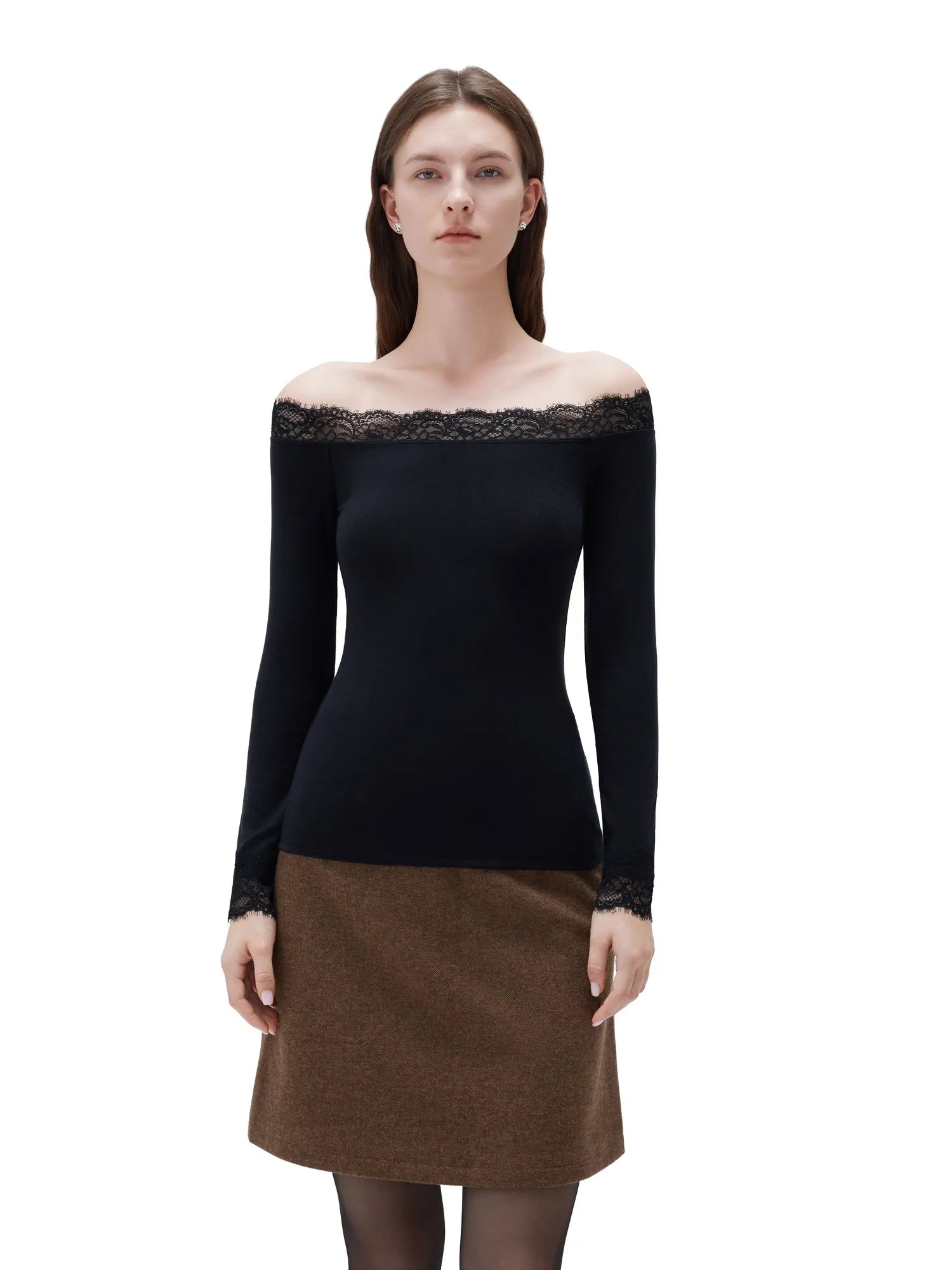 SUUKSESS Cloud Cashmere Lace Trim Off Shoulder Long Sleeve Top Fitted Basic Knit Shirt-SUUKSESS-SUUKSESS