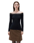 SUUKSESS Cloud Cashmere Lace Trim Off Shoulder Long Sleeve Top Fitted Basic Knit Shirt-SUUKSESS-SUUKSESS