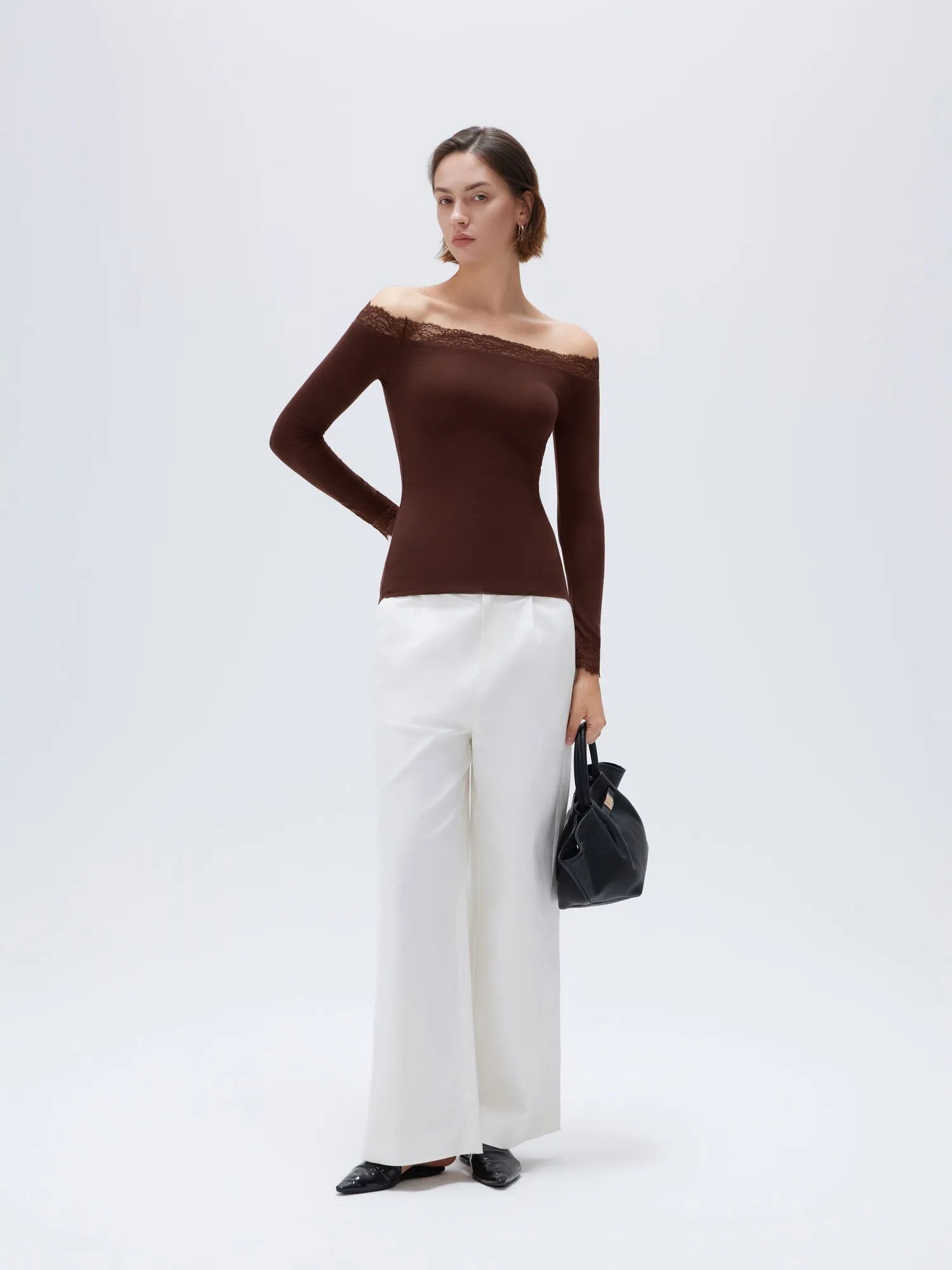 SUUKSESS Cloud Cashmere Lace Trim Off Shoulder Long Sleeve Top Fitted Basic Knit Shirt-SUUKSESS-Brown-XS-SUUKSESS