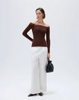 SUUKSESS Cloud Cashmere Lace Trim Off Shoulder Long Sleeve Top Fitted Basic Knit Shirt-SUUKSESS-Brown-XS-SUUKSESS