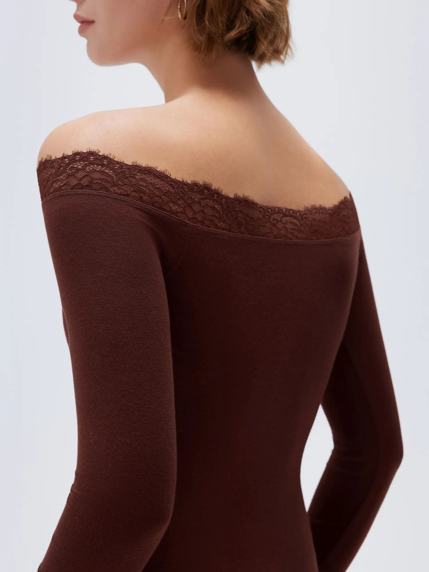 SUUKSESS Cloud Cashmere Lace Trim Off Shoulder Long Sleeve Top Fitted Basic Knit Shirt-SUUKSESS-SUUKSESS