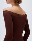 SUUKSESS Cloud Cashmere Lace Trim Off Shoulder Long Sleeve Top Fitted Basic Knit Shirt-SUUKSESS-SUUKSESS