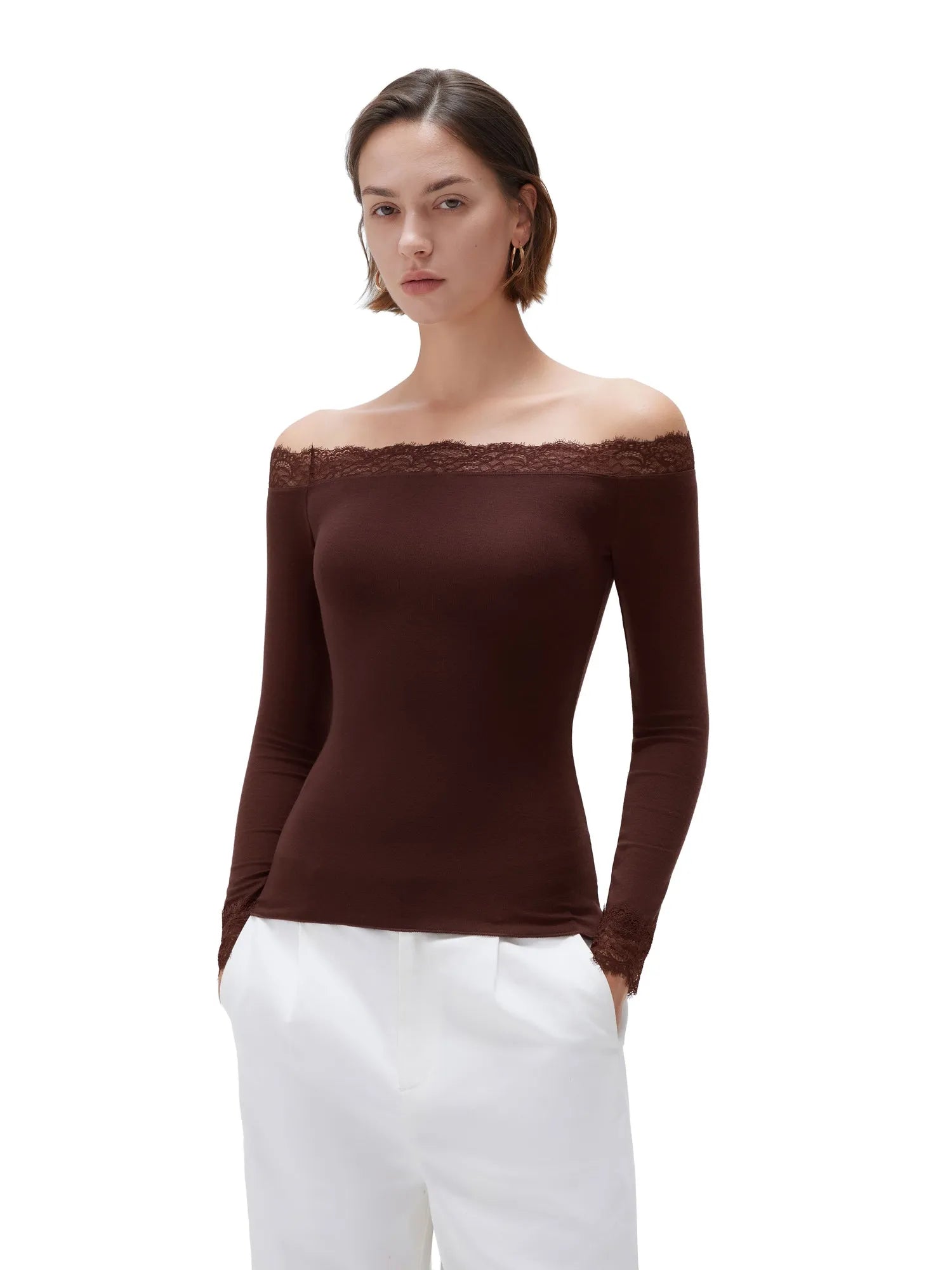SUUKSESS Cloud Cashmere Lace Trim Off Shoulder Long Sleeve Top Fitted Basic Knit Shirt-SUUKSESS-SUUKSESS