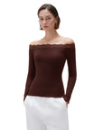 SUUKSESS Cloud Cashmere Lace Trim Off Shoulder Long Sleeve Top Fitted Basic Knit Shirt-SUUKSESS-SUUKSESS