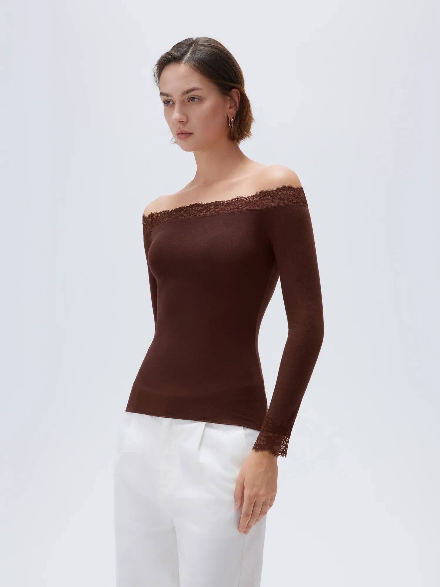 SUUKSESS Cloud Cashmere Lace Trim Off Shoulder Long Sleeve Top Fitted Basic Knit Shirt-SUUKSESS-SUUKSESS