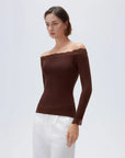 SUUKSESS Cloud Cashmere Lace Trim Off Shoulder Long Sleeve Top Fitted Basic Knit Shirt-SUUKSESS-SUUKSESS