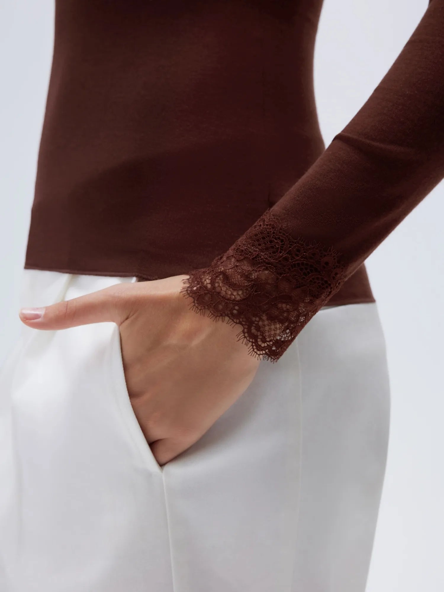 SUUKSESS Cloud Cashmere Lace Trim Off Shoulder Long Sleeve Top Fitted Basic Knit Shirt-SUUKSESS-SUUKSESS