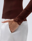 SUUKSESS Cloud Cashmere Lace Trim Off Shoulder Long Sleeve Top Fitted Basic Knit Shirt-SUUKSESS-SUUKSESS