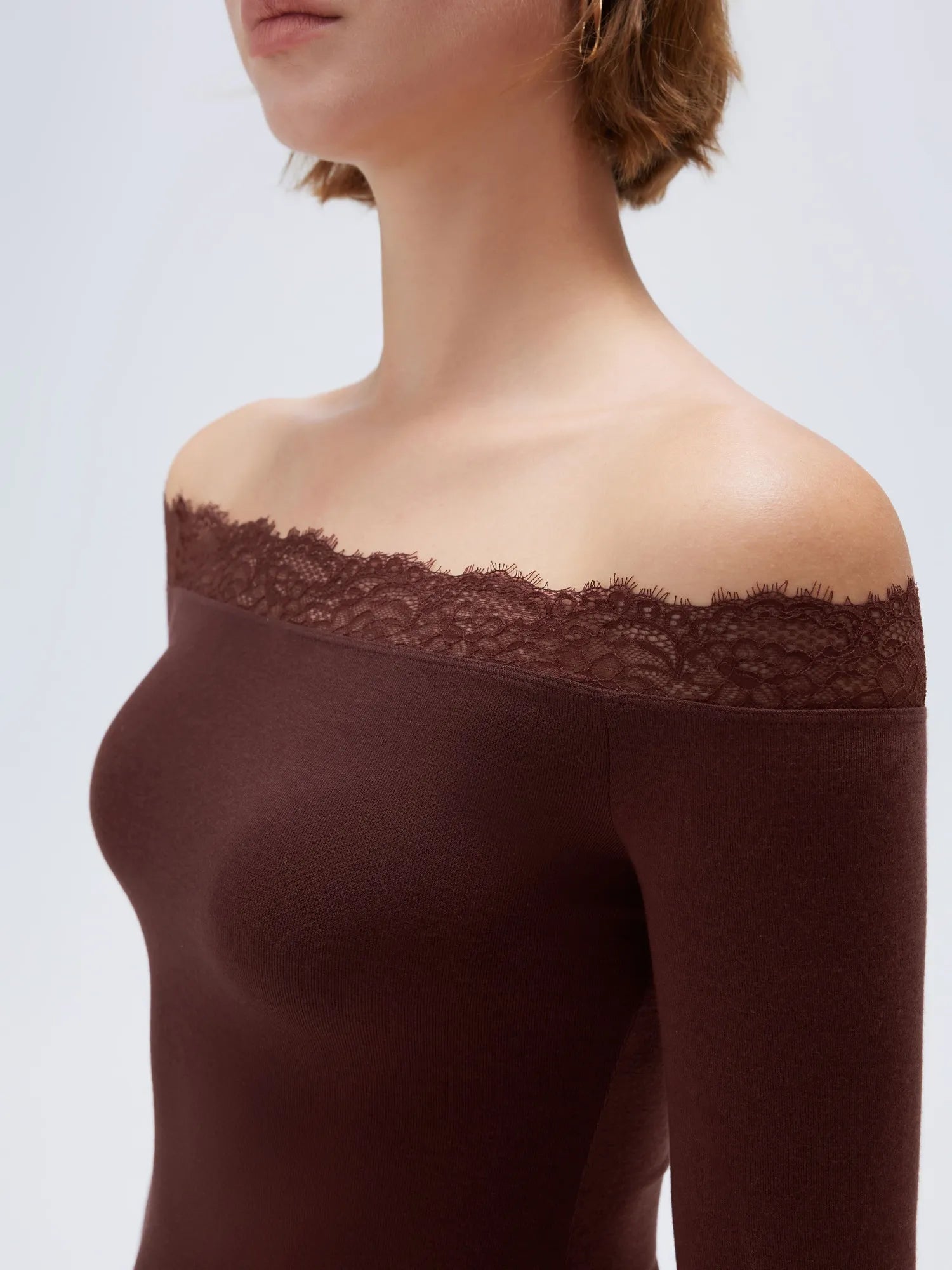 SUUKSESS Cloud Cashmere Lace Trim Off Shoulder Long Sleeve Top Fitted Basic Knit Shirt-SUUKSESS-SUUKSESS