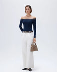SUUKSESS Cloud Cashmere Lace Trim Off Shoulder Long Sleeve Top Fitted Basic Knit Shirt-SUUKSESS-SUUKSESS