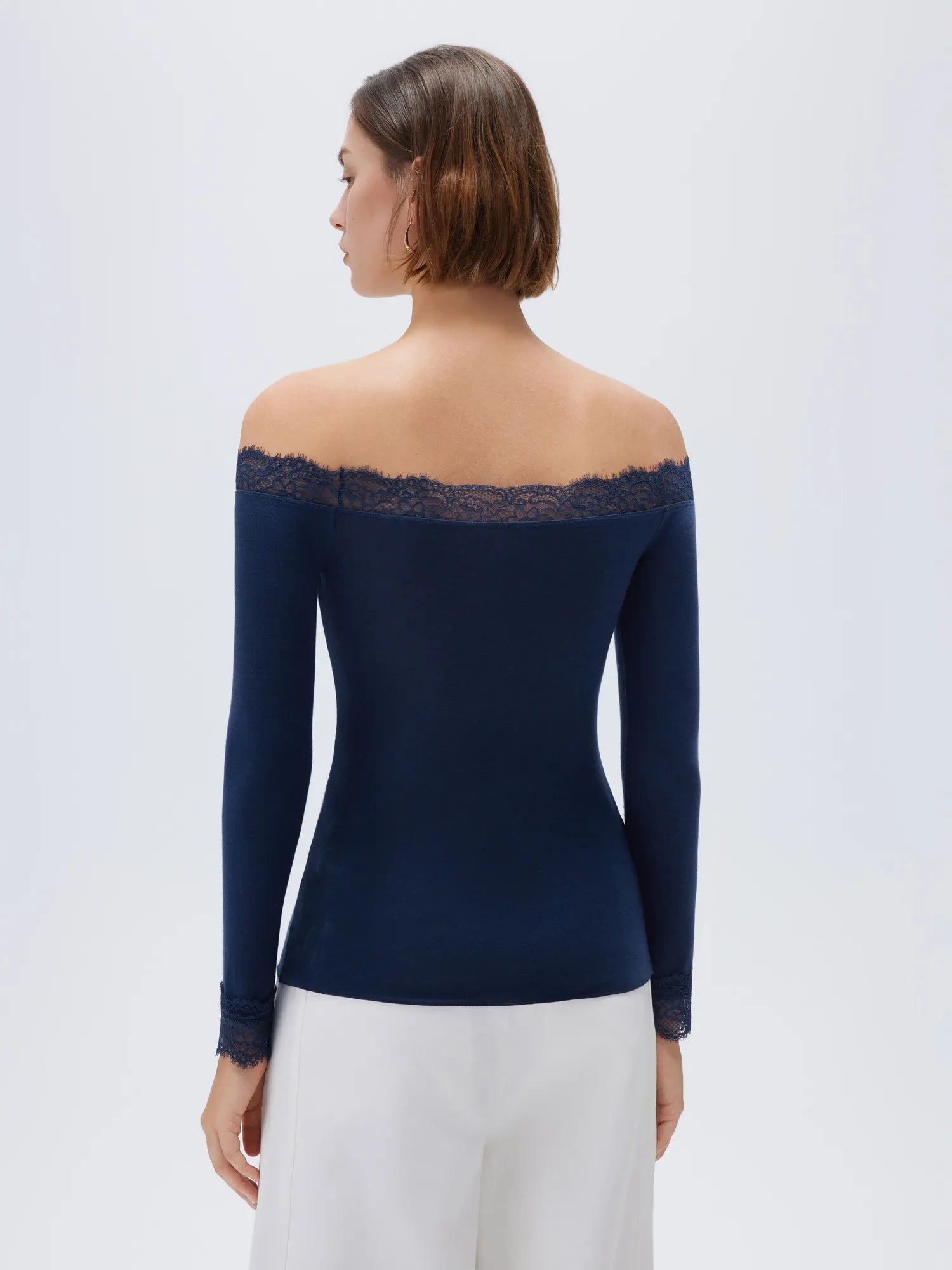 SUUKSESS Cloud Cashmere Lace Trim Off Shoulder Long Sleeve Top Fitted Basic Knit Shirt-SUUKSESS-SUUKSESS