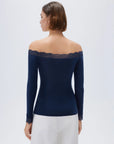 SUUKSESS Cloud Cashmere Lace Trim Off Shoulder Long Sleeve Top Fitted Basic Knit Shirt-SUUKSESS-SUUKSESS