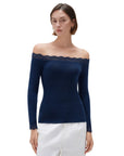 SUUKSESS Cloud Cashmere Lace Trim Off Shoulder Long Sleeve Top Fitted Basic Knit Shirt-SUUKSESS-SUUKSESS
