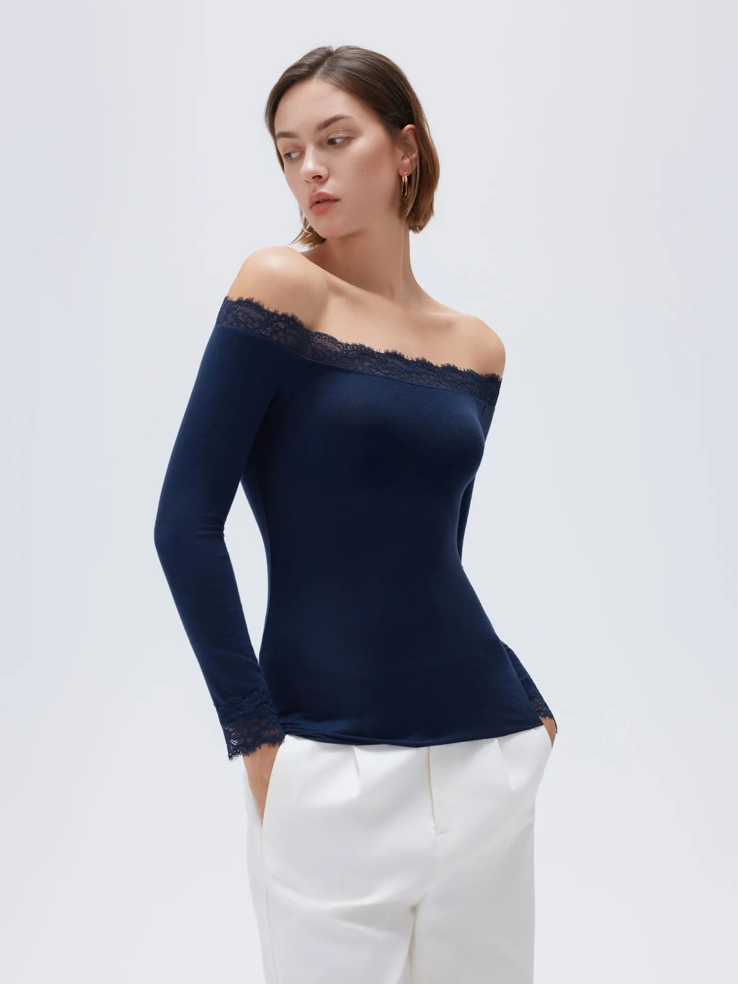 SUUKSESS Cloud Cashmere Lace Trim Off Shoulder Long Sleeve Top Fitted Basic Knit Shirt-SUUKSESS-SUUKSESS