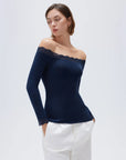 SUUKSESS Cloud Cashmere Lace Trim Off Shoulder Long Sleeve Top Fitted Basic Knit Shirt-SUUKSESS-SUUKSESS