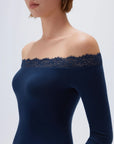 SUUKSESS Cloud Cashmere Lace Trim Off Shoulder Long Sleeve Top Fitted Basic Knit Shirt-SUUKSESS-SUUKSESS