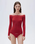 SUUKSESS Cloud Cashmere Lace Trim Off Shoulder Long Sleeve Top Fitted Basic Knit Shirt-SUUKSESS-Red-XS-SUUKSESS