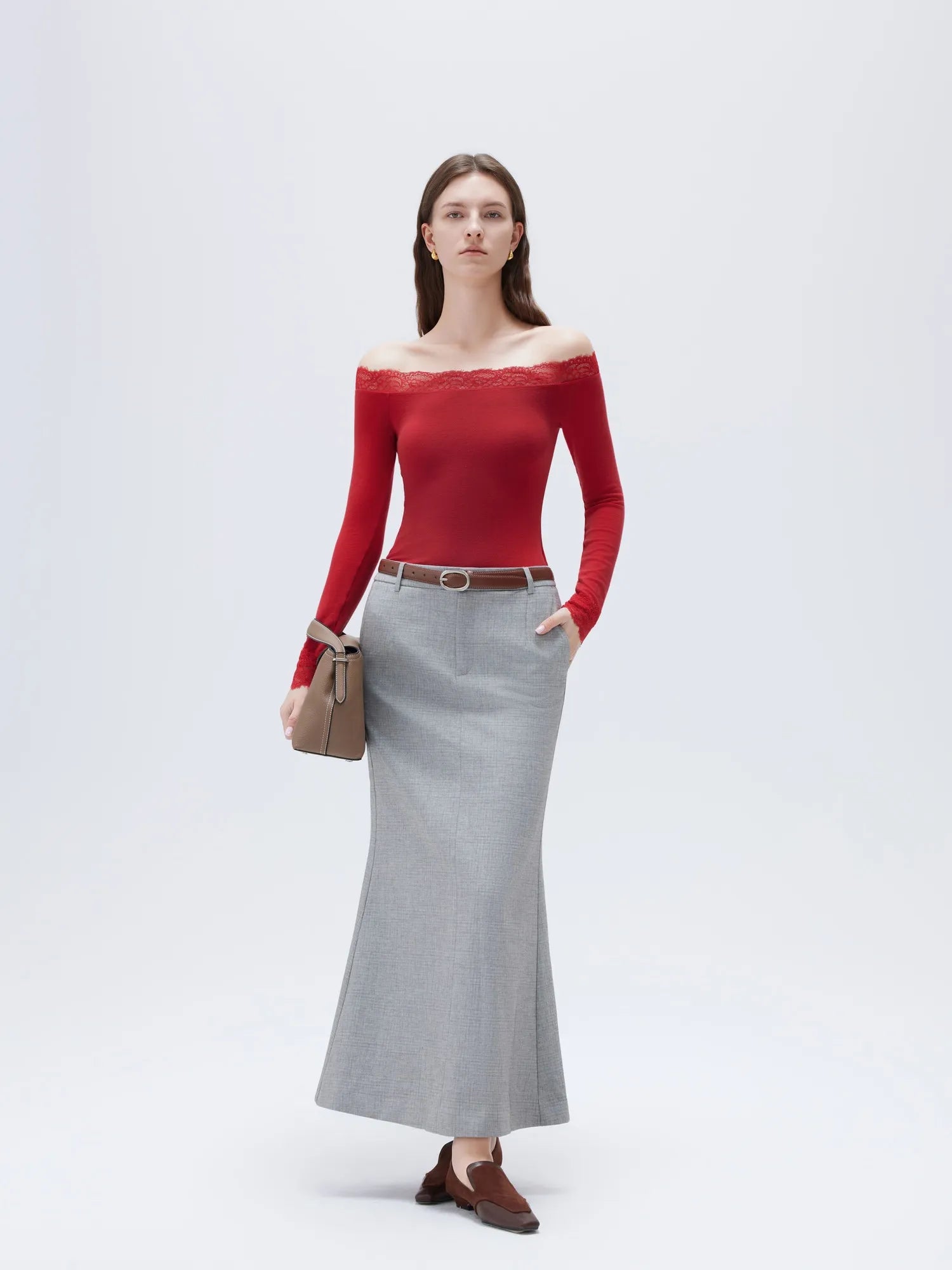 SUUKSESS Cloud Cashmere Lace Trim Off Shoulder Long Sleeve Top Fitted Basic Knit Shirt-SUUKSESS-SUUKSESS