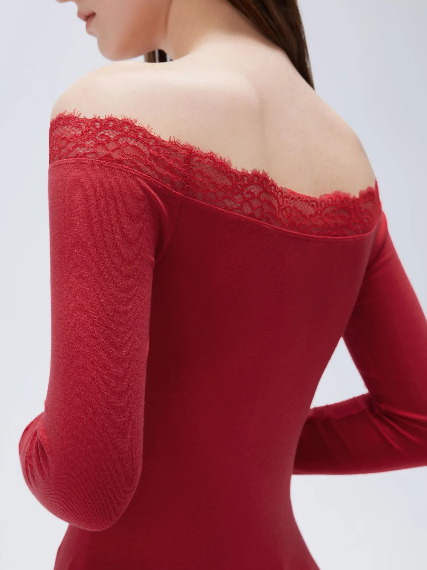 SUUKSESS Cloud Cashmere Lace Trim Off Shoulder Long Sleeve Top Fitted Basic Knit Shirt-SUUKSESS-SUUKSESS