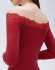 SUUKSESS Cloud Cashmere Lace Trim Off Shoulder Long Sleeve Top Fitted Basic Knit Shirt-SUUKSESS-SUUKSESS