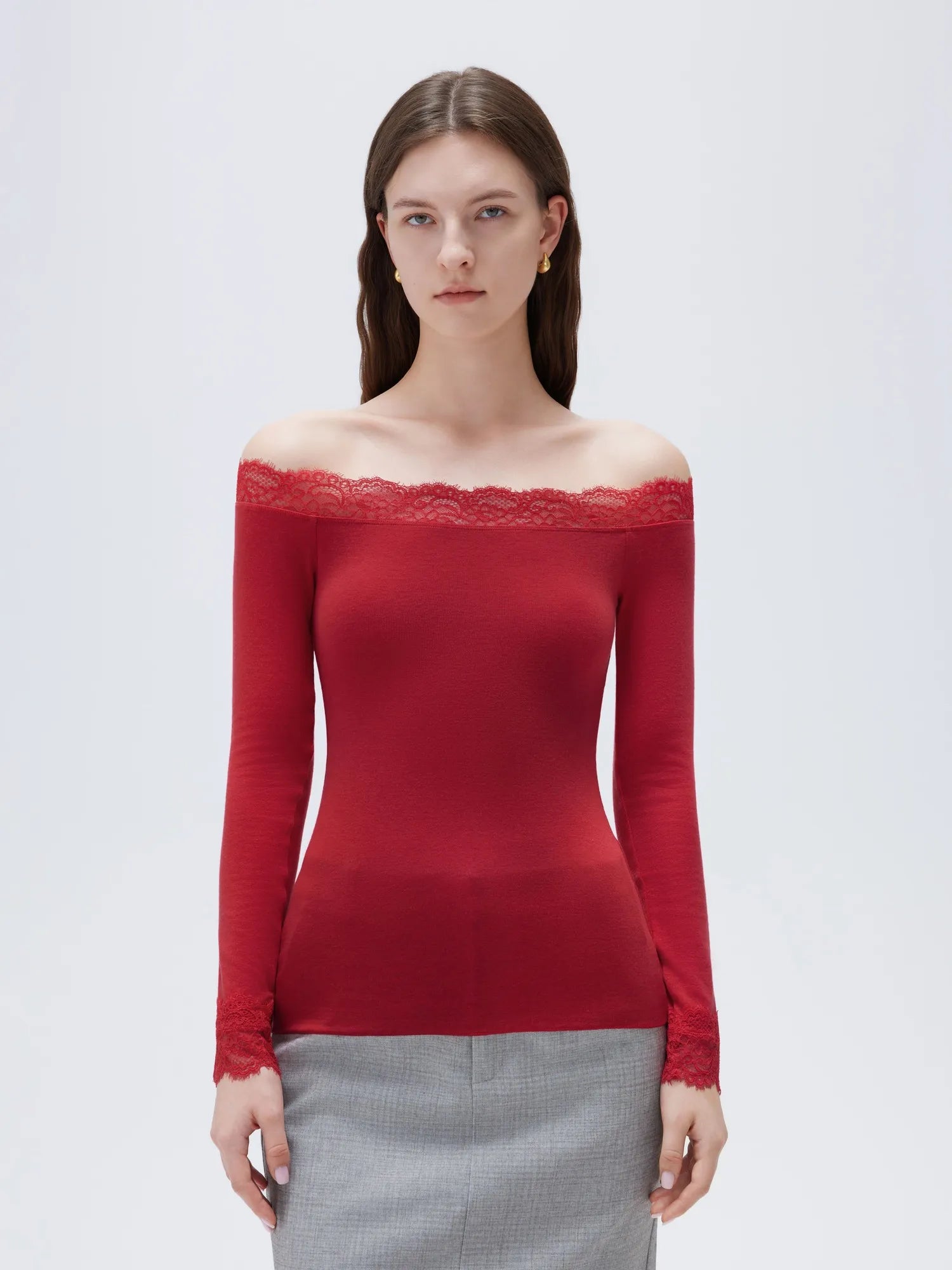 SUUKSESS Cloud Cashmere Lace Trim Off Shoulder Long Sleeve Top Fitted Basic Knit Shirt-SUUKSESS-SUUKSESS