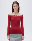 SUUKSESS Cloud Cashmere Lace Trim Off Shoulder Long Sleeve Top Fitted Basic Knit Shirt-SUUKSESS-SUUKSESS