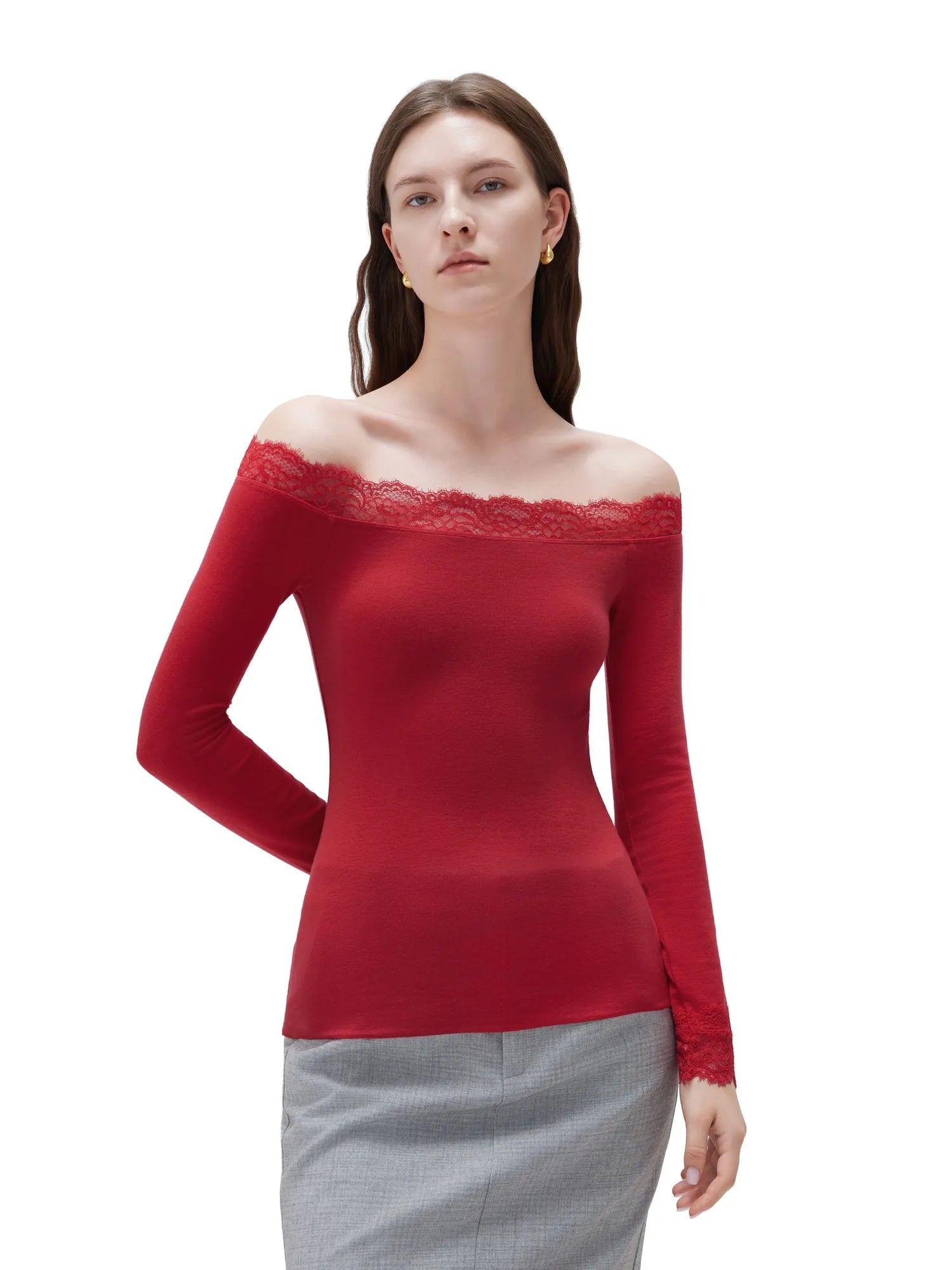 SUUKSESS Cloud Cashmere Lace Trim Off Shoulder Long Sleeve Top Fitted Basic Knit Shirt-SUUKSESS-SUUKSESS