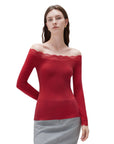 SUUKSESS Cloud Cashmere Lace Trim Off Shoulder Long Sleeve Top Fitted Basic Knit Shirt-SUUKSESS-SUUKSESS