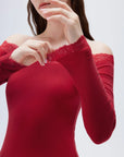 SUUKSESS Cloud Cashmere Lace Trim Off Shoulder Long Sleeve Top Fitted Basic Knit Shirt-SUUKSESS-SUUKSESS