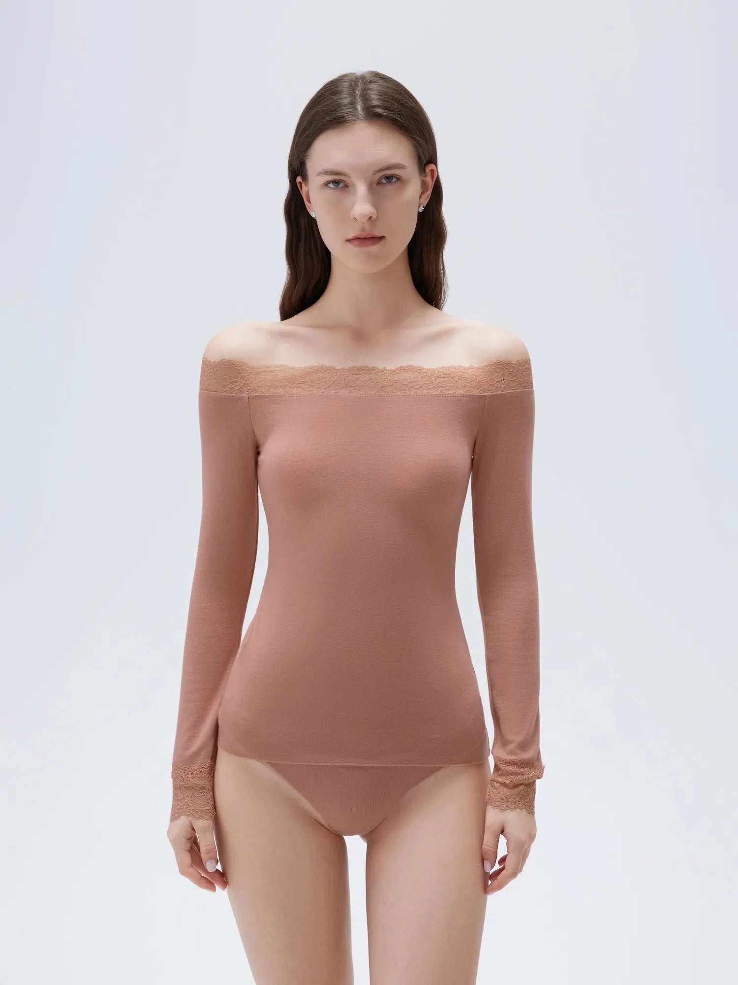 SUUKSESS Cloud Cashmere Lace Trim Off Shoulder Long Sleeve Top Fitted Basic Knit Shirt-SUUKSESS-Dark salmon-XS-SUUKSESS