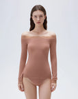 SUUKSESS Cloud Cashmere Lace Trim Off Shoulder Long Sleeve Top Fitted Basic Knit Shirt-SUUKSESS-Dark salmon-XS-SUUKSESS