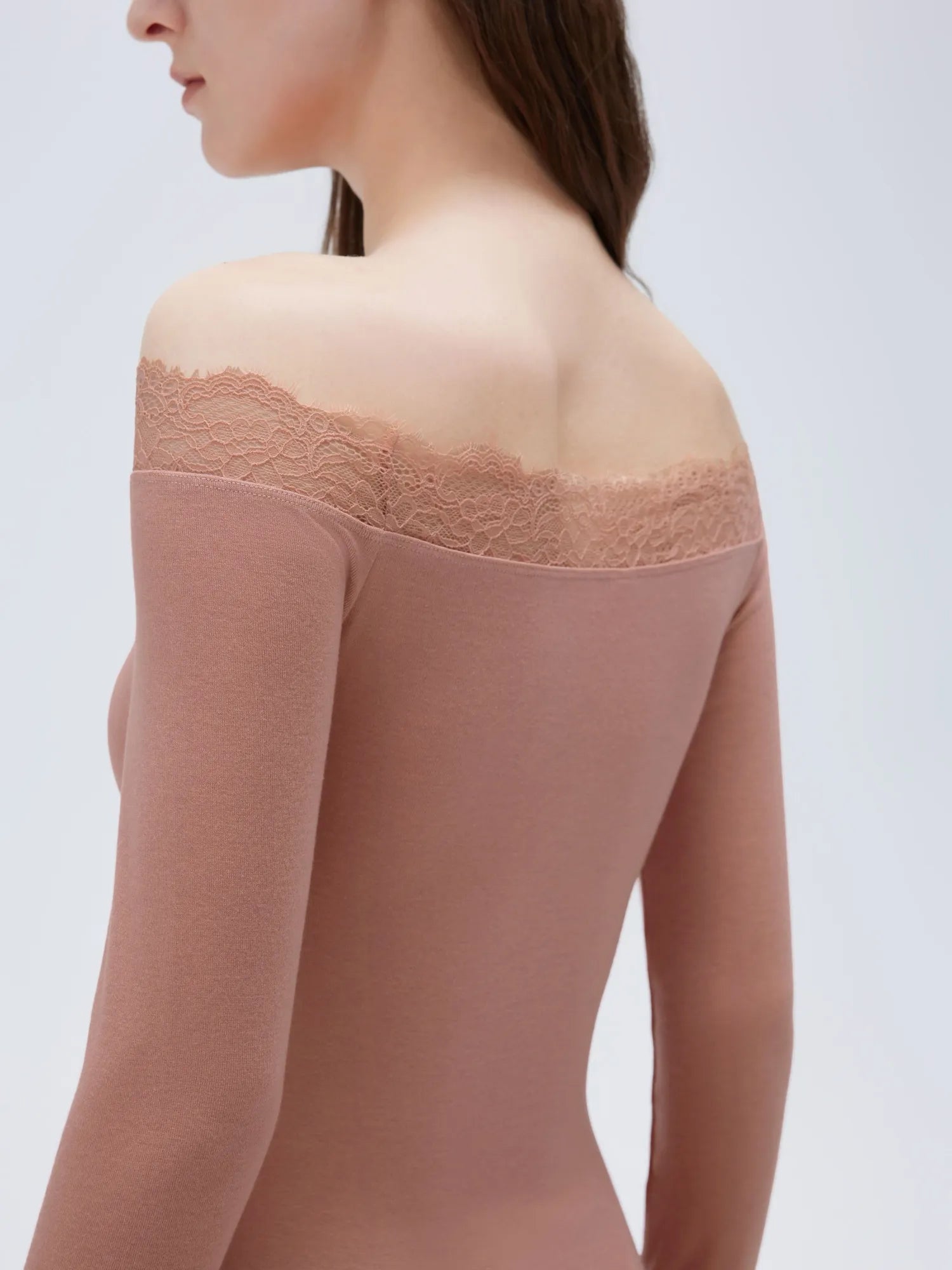 SUUKSESS Cloud Cashmere Lace Trim Off Shoulder Long Sleeve Top Fitted Basic Knit Shirt-SUUKSESS-SUUKSESS