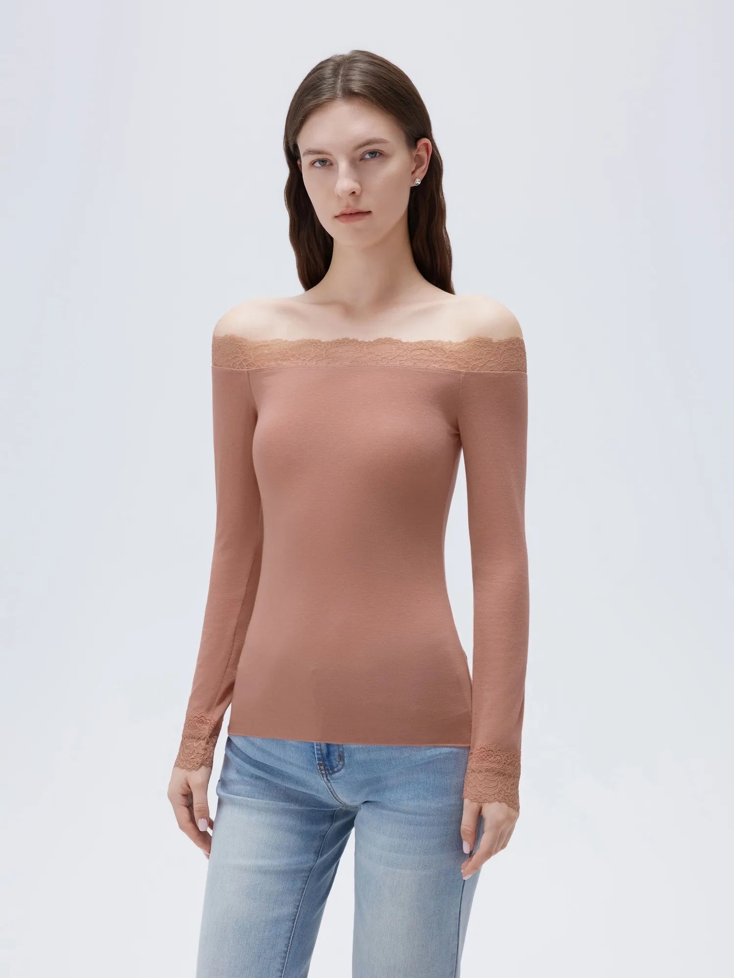 SUUKSESS Cloud Cashmere Lace Trim Off Shoulder Long Sleeve Top Fitted Basic Knit Shirt-SUUKSESS-SUUKSESS