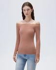 SUUKSESS Cloud Cashmere Lace Trim Off Shoulder Long Sleeve Top Fitted Basic Knit Shirt-SUUKSESS-SUUKSESS